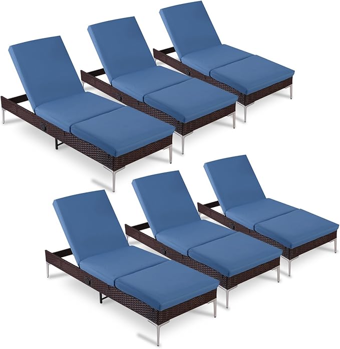 HOMREST Outdoor Lounge Chairs Set of 6, Patio Wicker Chaise Lounge with Removable Cushion, Rattan Pool Sunbathing Recliners with Adjustable Backrest (Navy Blue)