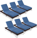HOMREST Outdoor Lounge Chairs Set of 6, Patio Wicker Chaise Lounge with Removable Cushion, Rattan Pool Sunbathing Recliners with Adjustable Backrest (Navy Blue)