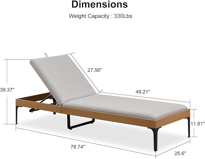 PURPLE LEAF Outdoor Chaise Lounge Set of 2 Aluminum Adjustable Patio Lounger Chairs with Cushions Reclining Beach Daybed for Poolside Balcony Deck Backyard, Teak