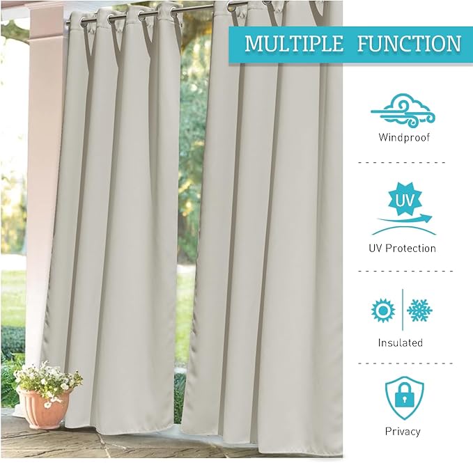 RYB HOME Outdoor Curtains for Patio Waterproof Block Sunlight Thermal Insulated Privacy Assured Thick Outside Curtains for Deck, Balcony, Pool, W52" x L63", Natural, 1 Panel