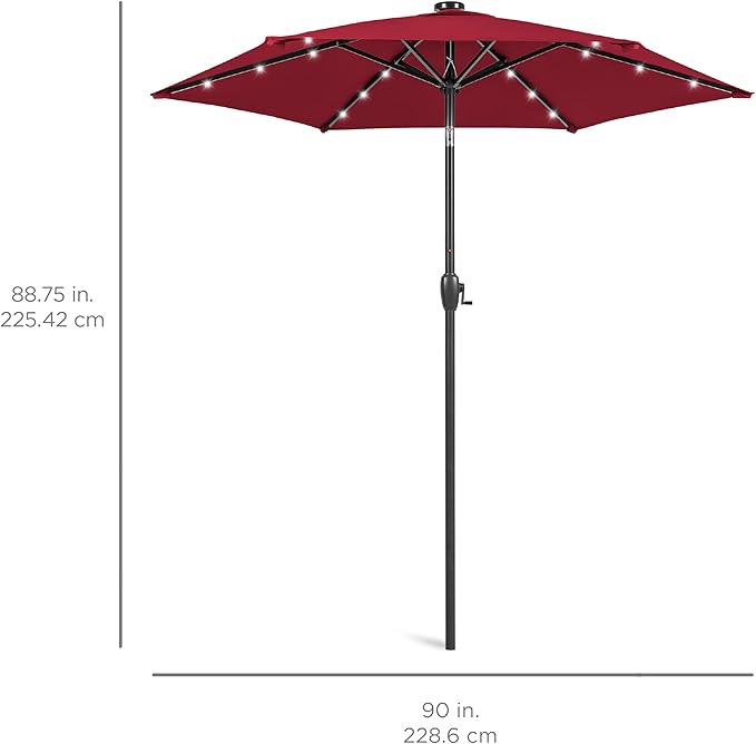 Best Choice Products 7.5ft Outdoor Solar Market Table Patio Umbrella for Deck, Pool w/Tilt, Crank, LED Lights - Burgundy