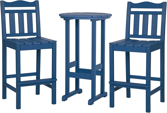 nalone Outdoor Bar Chairs and Table Set, HDPE Balcony Adirondack Chairs and Tables 3 Pieces Set, Outdoor Bar Stools for Garden, Yard, Backyard(Navy Blue, Bar Chairs with Table)
