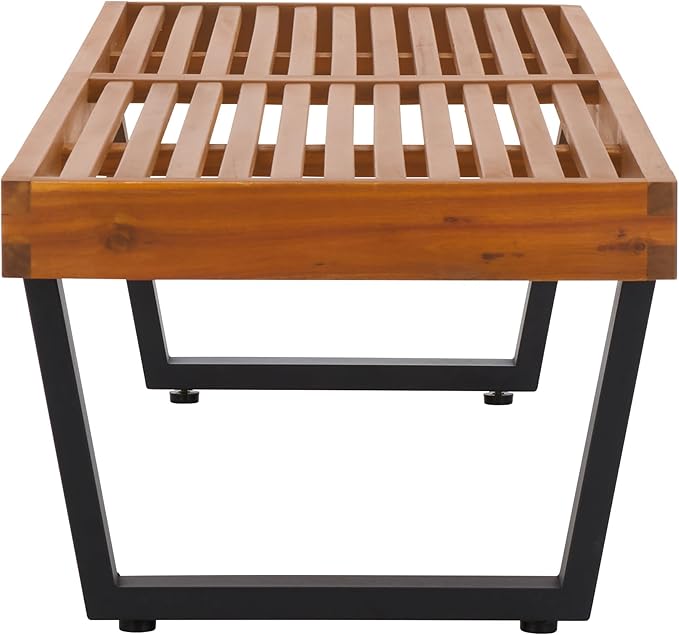 SAFAVIEH Outdoor Patio Furniture Heather Natural Brown Solid Wood & Black Legs 60-inch Steel Bench