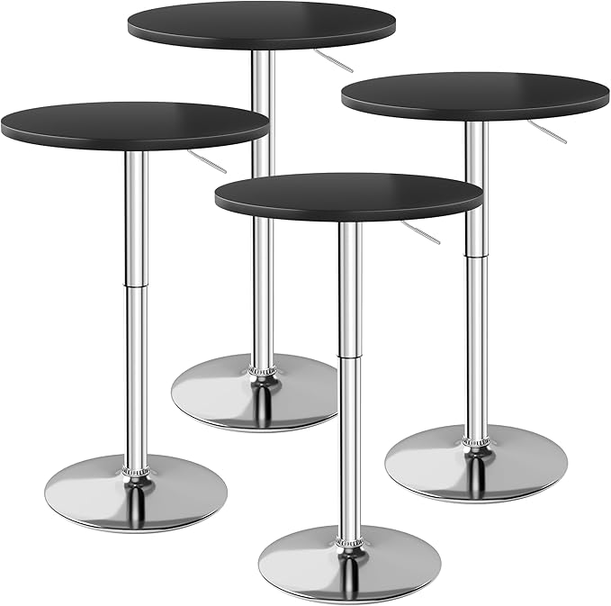 Flamaker Round Bistro Pub Table 23.6 Inch Height Adjustable 360° Swivel Bar Table Metal Base for Pub, Dining Room, Party (4, Black-Silver)