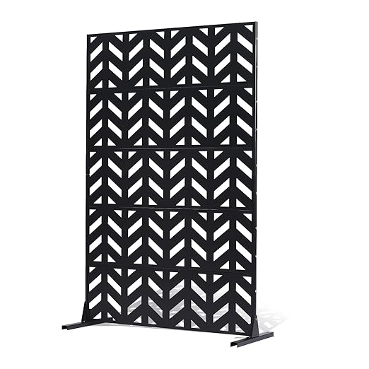 VEVOR Metal Privacy Screen, 47" W x 72" H, Outdoor Privacy Screens 5-Panel, Freestanding Outdoor Divider with Stand, Decorative Garden Steel Privacy Fence for Balcony Patio Indoor Room Black