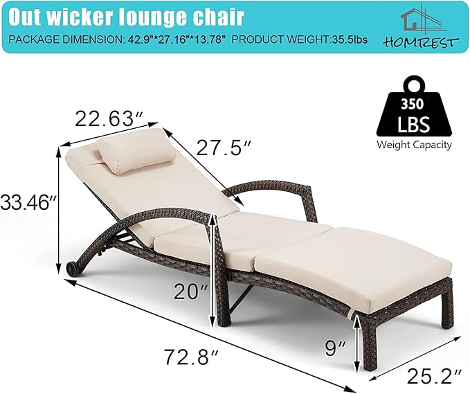 HOMREST Chaise Lounge Chairs Set of 2 for Outside, Adjustable 5 Position Outdoor PE Rattan Wicker Patio Pool Lounge Chair with Arm, Cushion, Pillow and Wheels for Poolside Backyard Deck Porch,Khaki