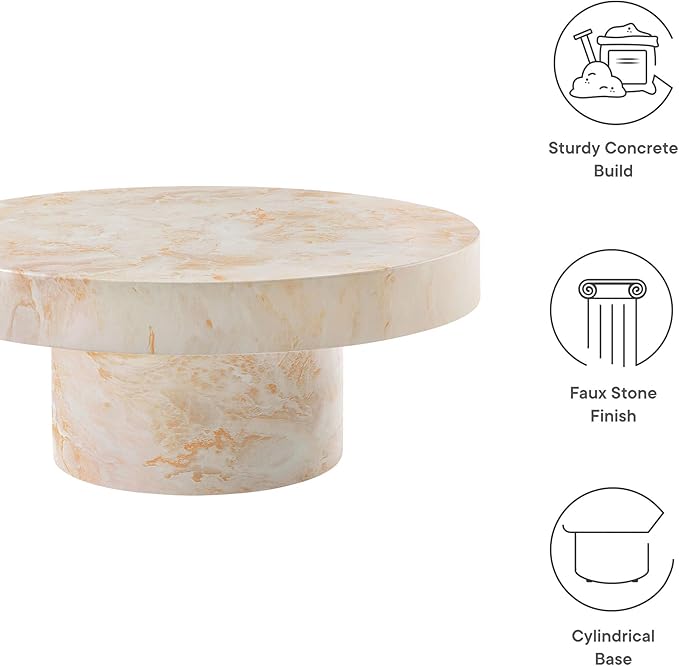 Modway Alora Round Concrete Coffee Table with Faux Stone Finish in Honey Onyx - Cement Accent Table for Living Room - Stone Patio Center Table - Indoor Outdoor 34 Inch Low Coffee Table