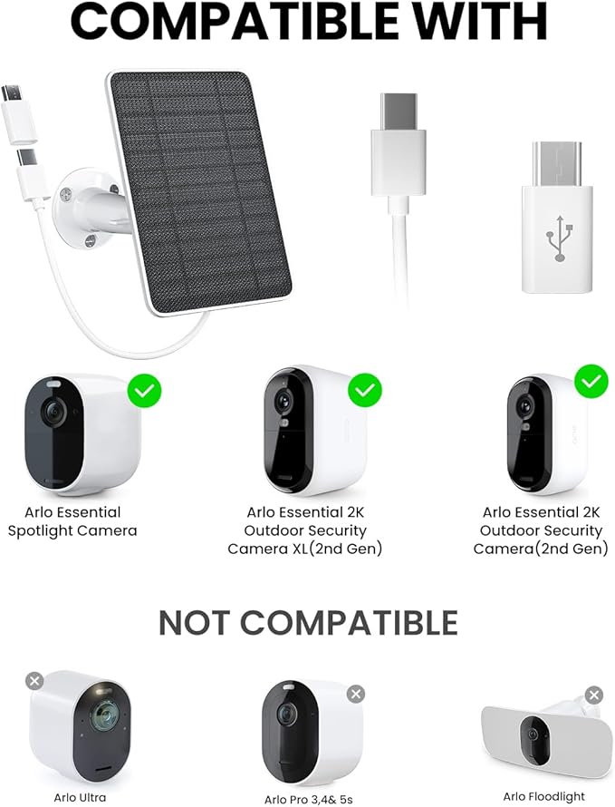 5W Solar Panel Charger Compatible with Arlo Essential 2K Outdoor Camera(2nd Gen)/Essential Outdoor XL(2nd Gen)/Essential Spotlight, IP65 Waterproof 10ft USB-C & Micro USB Cable & Wall Mount, 2 Pack