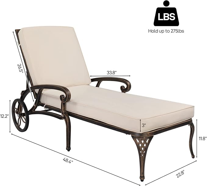 VINGLI Cast Aluminum Outdoor Chaise Lounge Chair with Wheels Set of 2, Patio Chaise Lounge with 3-Position Adjustable Backrest, Tanning Chair Reclining Chair for Poolside (2PCS, Bronze, with Cushion)