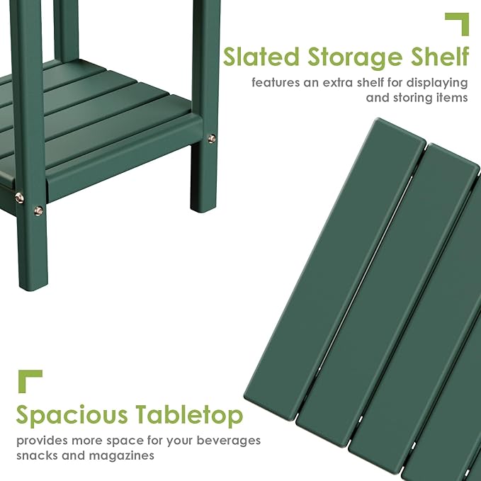 GREENVINES Adirondack-Outdoor-Side-Table | Set of 4 | 14 x 13 Inches | HDPE Plastic | All Weather | Forest Green | Outside End Tables | Storage Shelf | for Patio Porch Backyard Indoor