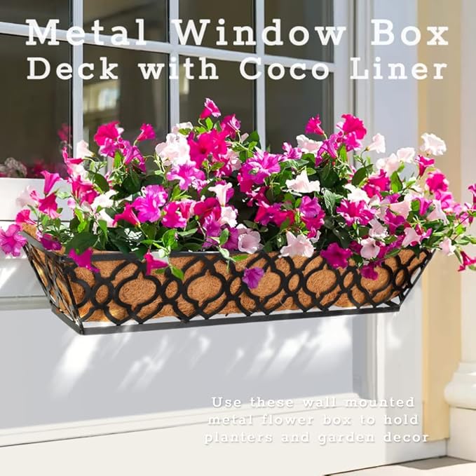 4pcs 24 Inch Window Deck with Coco Liner, 24" Window Boxes Horse Trough with Coconut Coir Liner, Metal Hanging Flower Planter Window Basket Deck Railing Planter Boxes for Outdoor Indoor Lawn