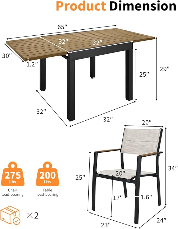 5 Pieces Expandable Patio Dining Set, Never-Rust Aluminum Outdoor Dining Table Set, 32"-65" Extendable Dining Table and Stackable Textilene Dining Chairs for Garden, Deck, Indoor, Teak