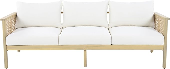 Christopher Knight Home Teras Acacia Wood Outdoor 3 Seater Sofa with PE Wicker Armrest, Solid Wood Patio Sofa with Removable Cushion, Comfy Lounge Sofa for Patio Furniture Set, Light Teak+Beige