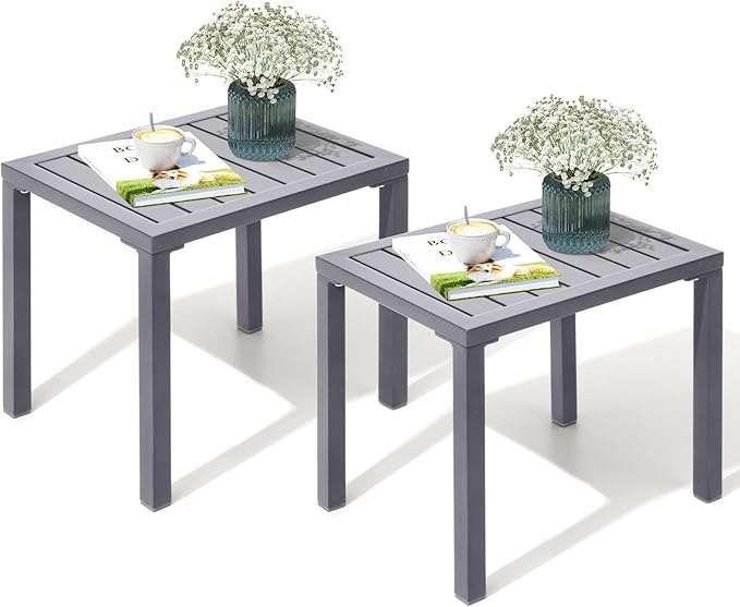 Crestlive Products Outdoor Side Table Set of 2, Aluminum Rectangular Side/End Table, Small Patio Coffee Bistro Table for Outdoor Indoor (Light Grey)