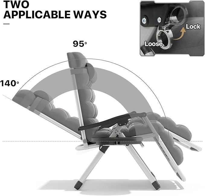 MoNiBloom Beach Chaise Lounge Chair, Patio Folding Recliner with Removable Cushion, Headrest & Tray, Portable Tanning Sunbathing Chair for Poolside Beach Porch Yard, Reinforced Bar, 330lbs Grey