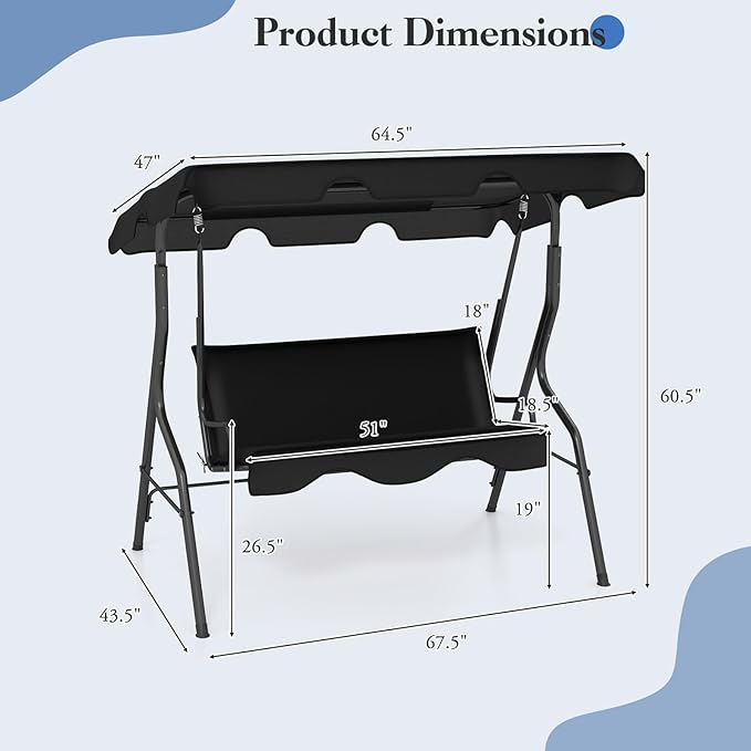 Porch Swing Outdoor, 3 Person Patio Swing w/Removable Cushion, Stand & Adjustable Canopy, Heavy Duty Swing Chair for Patio, Garden, Courtyard, Poolside