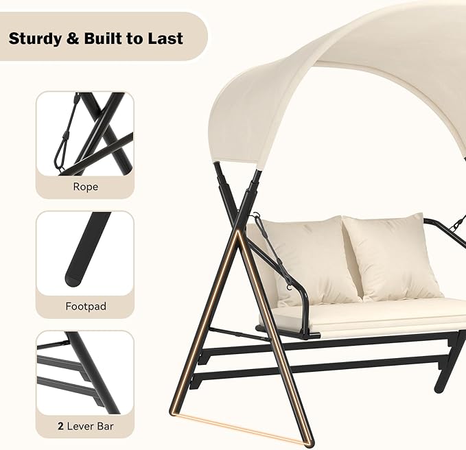 AECOJOY 2 Seat Outdoor Patio Swing Chair with Cover, Porch Swings Chairs for Adult, Outside Metal Steel Frame Patio Swing Bench, Beige