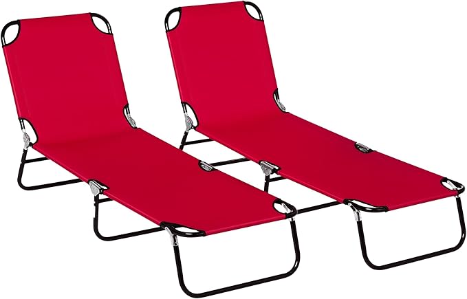 Outsunny 2 Piece Folding Chaise Lounge Pool Chairs, Outdoor Sun Tanning Chairs with 5-Level Reclining Back, Steel Frame for Beach, Yard, Patio, Red