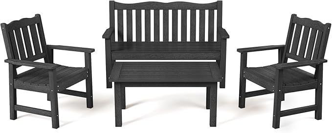 Stoog 4-Piece Patio Furniture Set, All-Weather Outdoor Dining Set, Include 1 Outdoor Bench, 2 Outdoor Chairs and 1 Coffee Table, Black
