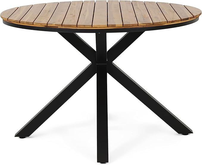 Merax Outdoor Dining Table, 45" Round Teak Acacia Wood Tabletop and Black Metal Leg, Modern Industrial Style Patio Dining Table