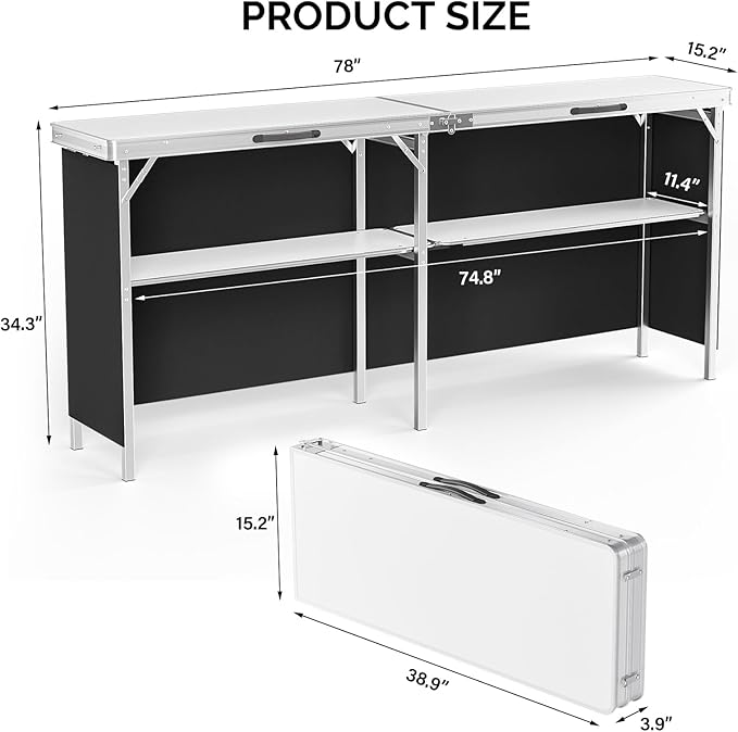 VINGLI 78" Portable Bar Table, 2-Tier Shelves, Mobile Bar Table for Events, Party, Camping, Picnic, Tradeshow, Indoor with Black Skirt