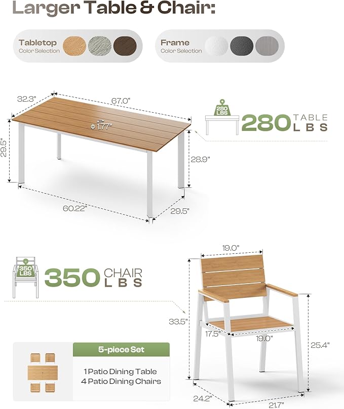 67"*32.3"*29.5" Patio Dining Table, Seamless Rectangle Aluminum + HDPS Outdoor Patio Dining Table with Umbrella Hole, Weather-Resistant for Lawn, Garden, Yard and Indoor Use (White & Teak)