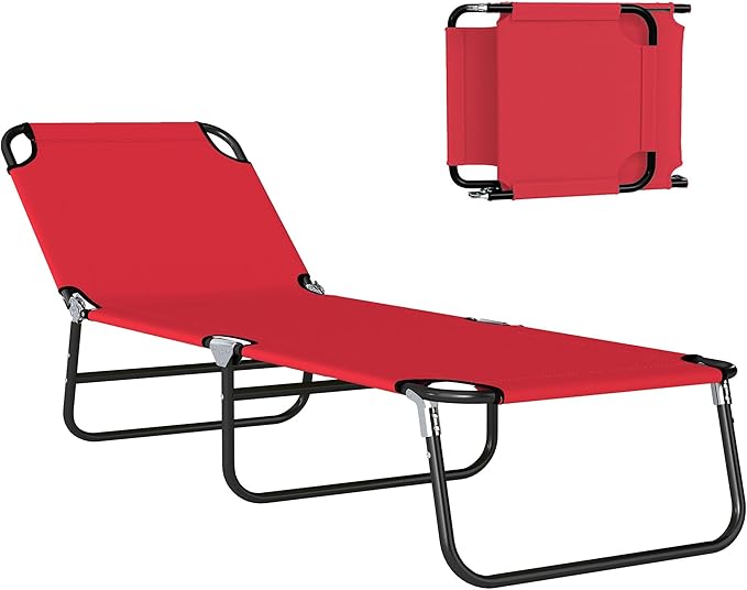Outsunny Folding Chaise Lounge Pool Chairs, Outdoor Sun Tanning Chairs with 5-Level Reclining Back, Steel Frame for Beach, Yard, Patio, Red