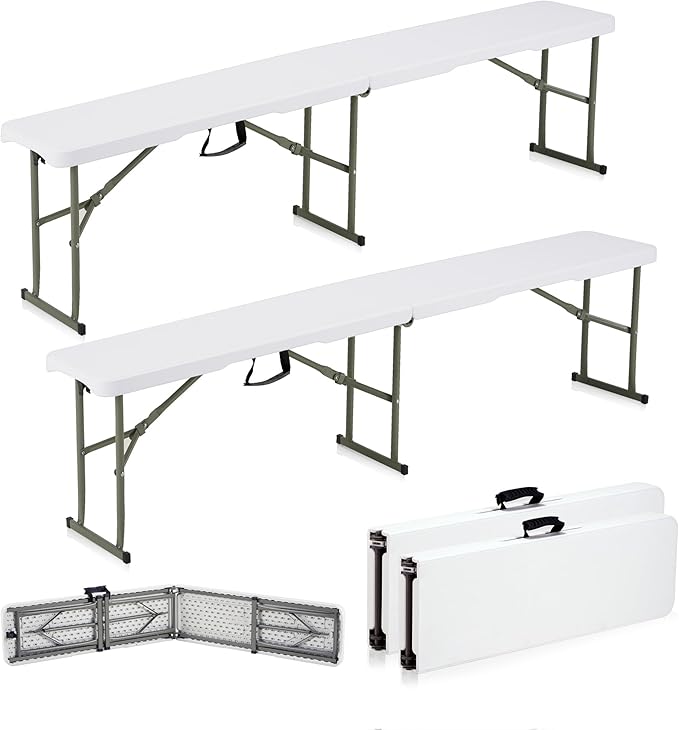 6ft Plastic Folding Bench with Carrying Handle & Lock, Portable Outdoor Bench in Garden Picnic Camping Dining Party Seat, Waterproof Bench for Soccer Activities, Firm and Durable (2Pack C)