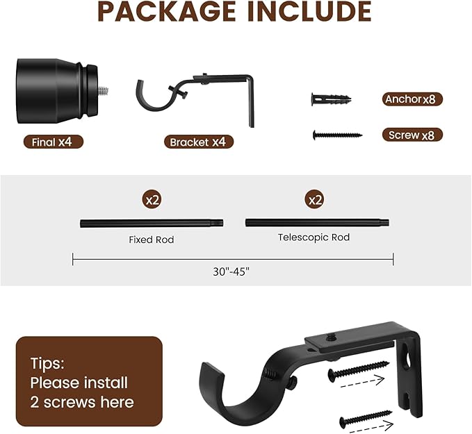 1” Diameter Curtain Rods Itself is 30 to 45 inch 2 Pack Fit 30-39 inch Window with Heavy Duty Adjustable Rod Matte Black Splicing Metal Extra Long Curtain Rod for Windows