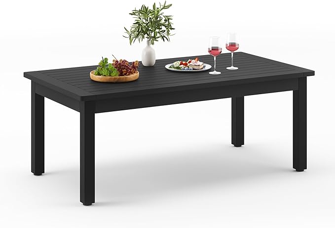 LUE BONA Outdoor Coffee Table Rectangle, 42.5" HDPS Patio Coffee Tables for Outside, All Weather Patio Coffee Table with Slatted Tabletop for Deck, Garden, Balcony, Indoor or Outdoor Use, Black