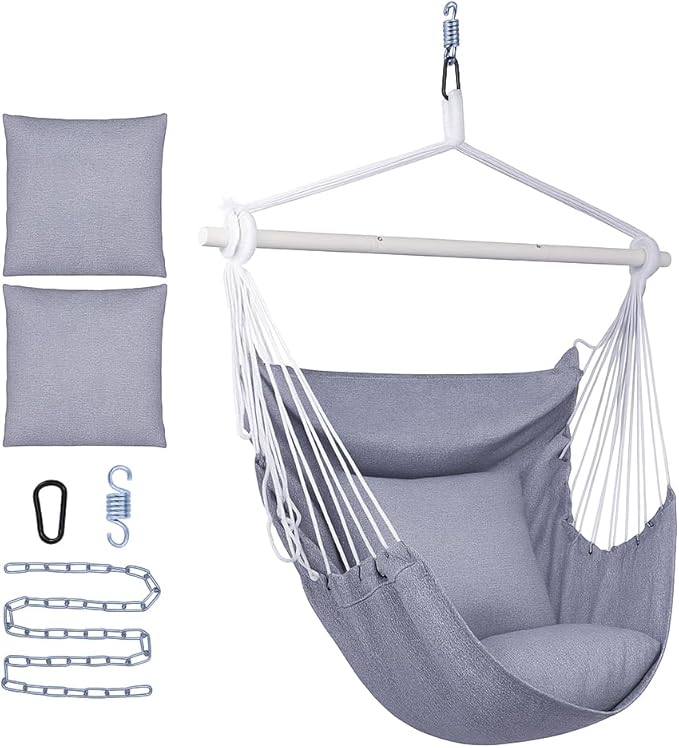 Backyard Expressions Hanging Hammock Chair Swing with Cushions & Hanging Kit – 500 lb Capacity, Cotton Blend Fabric, for Indoor/Outdoor Use – Includes Chain, Hooks & Spring – 5 Colors (Charcoal)