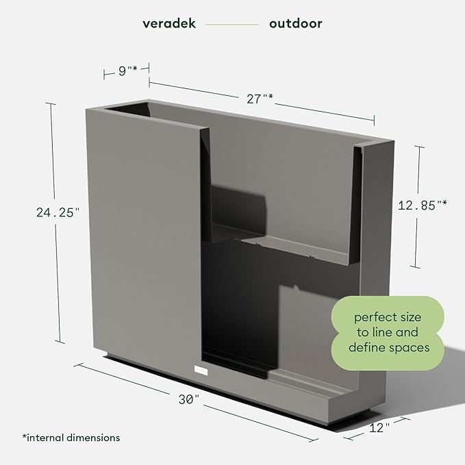 Veradek Block Series Span Plastic Planter - Tall Rectangular Planter for Indoor or Outdoor Patio/Porch, Gray, 24.25 in Height, 12 in Width, 30 in Length