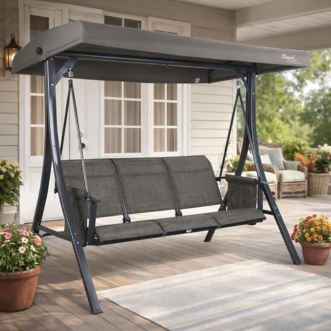 Kozyard Brenda 3-Seat Outdoor Porch Swing Glider, Patio Swing with Adjustable Canopy, Steel Frame, Breathable Textilene Seat & Back, Side Pockets (Gray)