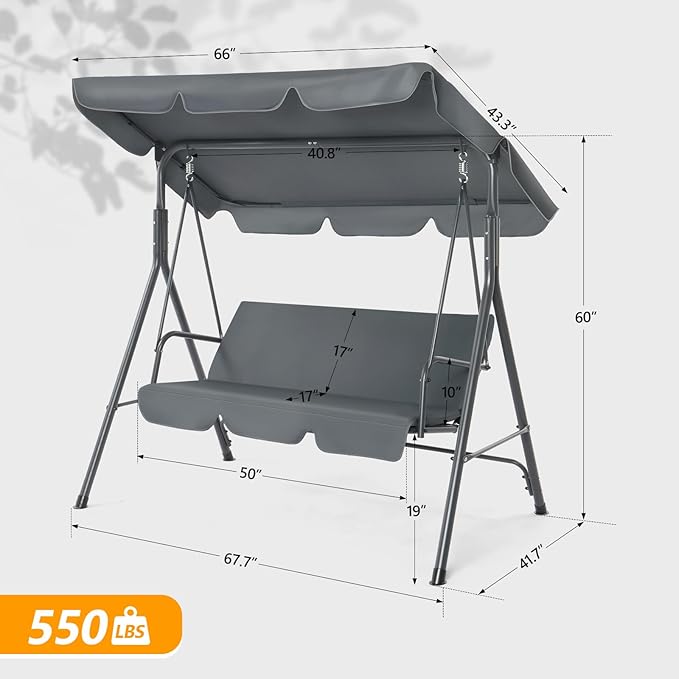 VINGLI Heavy Duty 550 LBS Upgraded 2 Person Outdoor Porch Swing with Stand, Adjustable Canopy Swing with Cushions & Steel Frame for Yard, Pool, Lawn, Indoors (Grey)