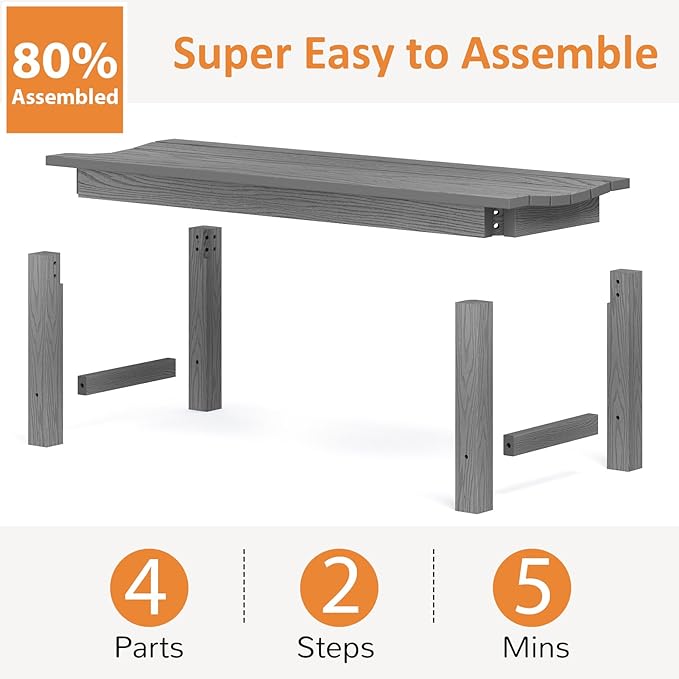 Outdoor Bench, 2-Person Patio Backless Bench Holds up to 800lbs, Weatherproof Garden Bench That Never Rot and Fade, Suit for Backyard, Porch, Patio, Deck and Entryway (Grey)