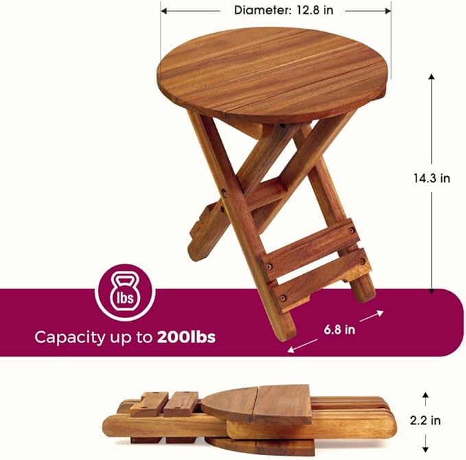 Small Patio Table, Outdoor Folding Side Table, Portable Side Table, Small Side Table, Accent Table, Small Coffee End Table, Wood Table Top for Living Room, Bedroom... (Round - Acacia - Set 2)