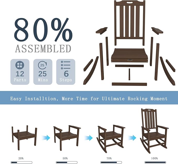 Oversized Rocking Chair Set of 8, Outdoor Rocking Chair for Adults, All Weather Resistant Porch Rocker for Lawn Garden, Brown