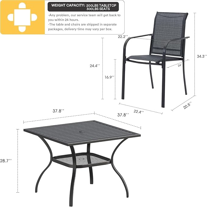 VICLLAX 5 Pieces Patio Dining Set, Outdoor Furniture Set Includes 1 Square Outdoor Table and 4 Stackable Patio Sling Chairs, Black Tabletop and Grey Fabric