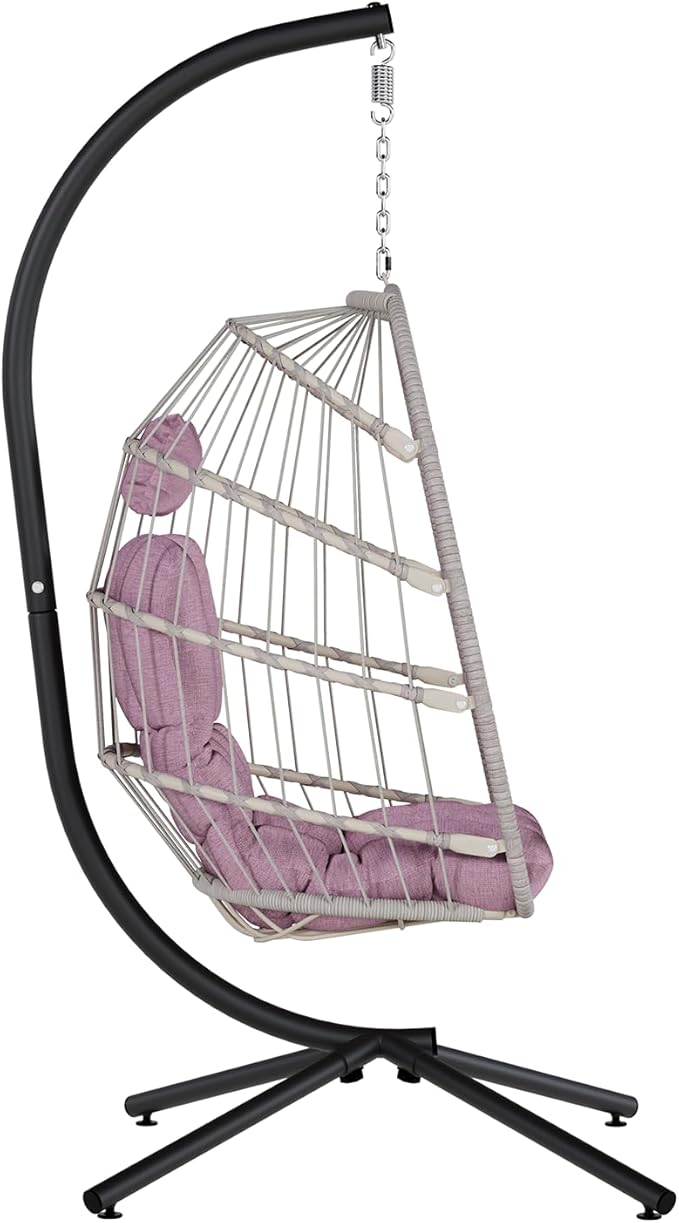 SWITTE Egg Chair Outdoor with Stand, Indoor Wicker Hanging Egg Swing Chair with Cushion, 350lbs Capacity for Patio, Bedroom, Garden - Pink