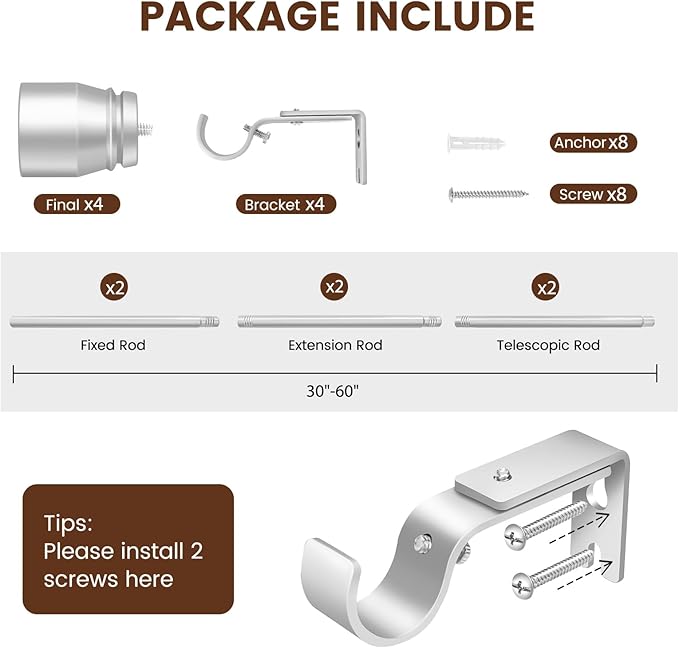 1” Diameter Silver Curtain Rod Itself is 30-60 inch 2 Pack, Fit 30 to 56 Windows with Heavy Duty Adjustable Telescopic Rod，Splicing Metal Extra Long Curtain Rod for Windows Sliding Glass Door
