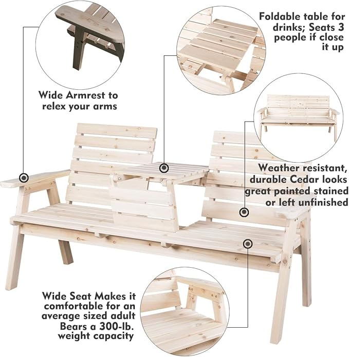 FORTUNO Cedar/Fir Log Wood Patio Garden Bench with Foldable Table, Outdoor Wooden Porch 3-Seat Bench Chair for Garden Balcony Patio Backyard, Natural Finish