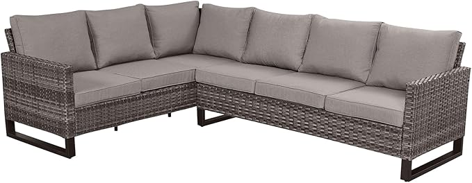 Belord Outdoor Sectional Sofa 6 Seater L Shaped Couch Wicker Patio Conversation Furniture Set Rattan Outdoor Furniture with Removable Washable Cushion Grey