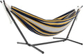 Vivere Double Cotton Hammock with Space Saving Steel Stand, Upgraded Polyester End Strings 450 lb Capacity - Premium Carry Bag Included -(Serenity)