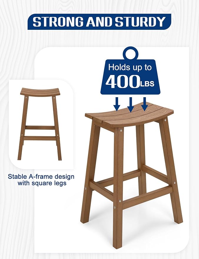 Weatherproof Bar Stools Set of 4, 28" Height Outdoor Bar Stools Holds up to 400 lbs, Saddle Seat, Bar Height Stools for Patio, Garden, and Kitchen Island, Teak