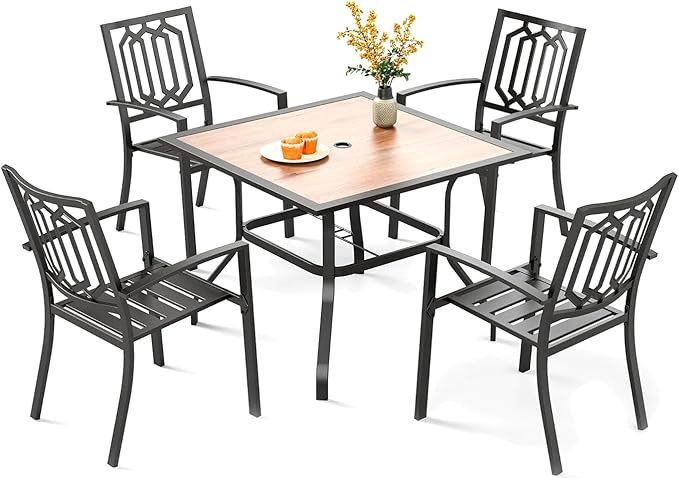 PHI VILLA 5 Piece Outdoor Dining Set for 4, 37" Square Metal Table with Polywood Top & Stacking Wrought Iron Chairs, Outside Furniture for Patio, Deck, Yard, Porch