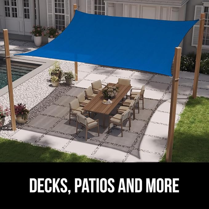 GORILLA GRIP Heavy Duty Sun Shade, UV Protection Fade Tear and Rust Resistant Rectangle Sunshade Canopy, Curved Edges Blocks Sunlight, Breathable Sail, Outdoor Patio, Lawn Garden 10x10 FT Blue