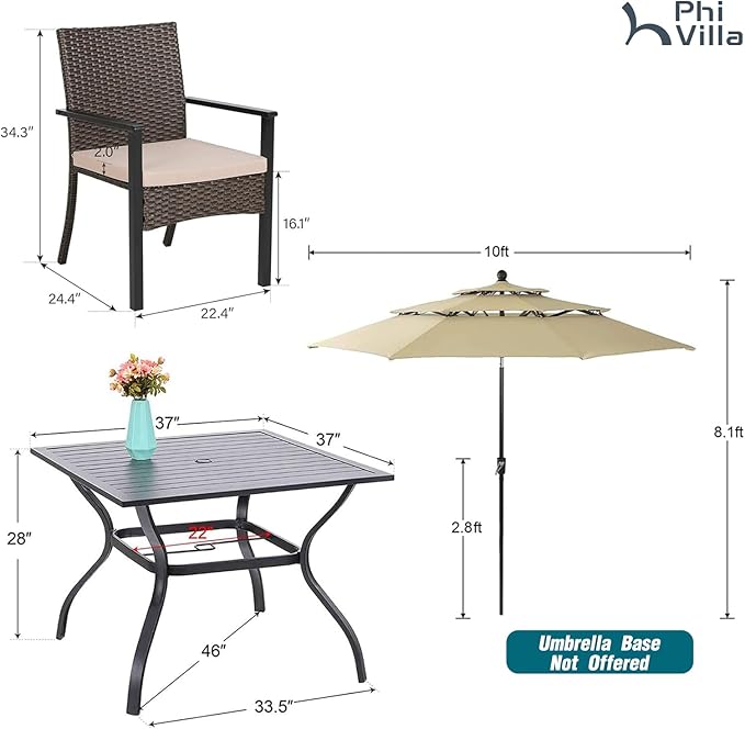 PHI VILLA 5 Pieces Outdoor Dining Set with Umbrella for 4, 37" Square Metal Dining Table & 4 Cushioned Wicker Rattan Chairs with 10ft Beige Umbrella for Patio, Deck, Yard, Porch
