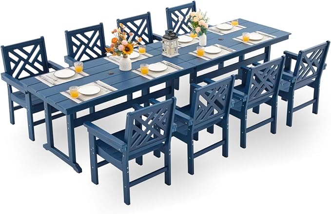 HDPE Dining Table Set for 8,10-Piece Outdoor Table and Chairs Include 8 Dining Chairs and 2 Pcs 62.5" Patio Dining Table with Umbrella Hole (Blue)