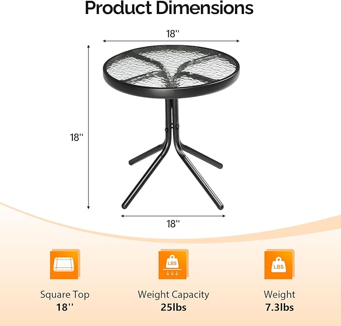 VINGLI Outdoor Side Table, 18" Patio Table Steel Frame Tempered Glass Top, Weatherproof Small Tables for Balcony Garden Poolside (Black, Round)