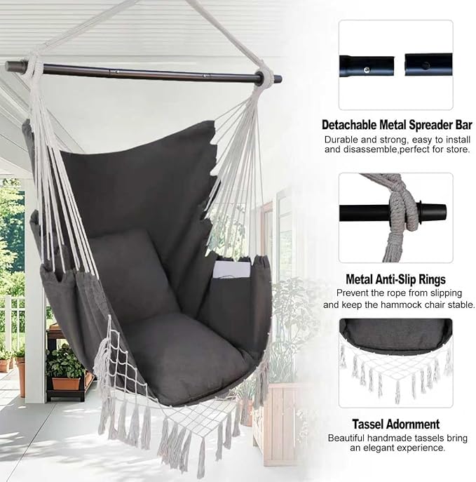 Hammock Chair Hanging Rope Swing Chair,Max 450 Lbs, Large Hanging Chair with Pocket, 2 Cushions, Removable Steel Bar, Hardware Kit Included, Superior Comfort for Indoor Outdoor (Dark Grey)